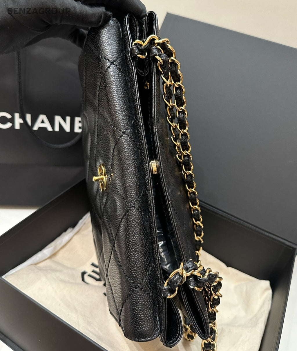 Chanel Satchel Chain Diamond Shoulder Bag Black Gold Women Classic Fashion