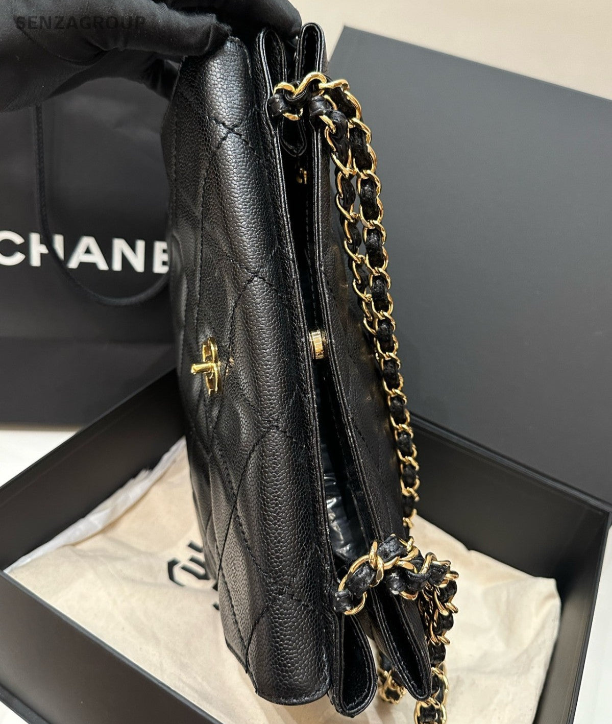 Chanel Satchel Chain Diamond Shoulder Bag Black Gold Women Classic Fashion
