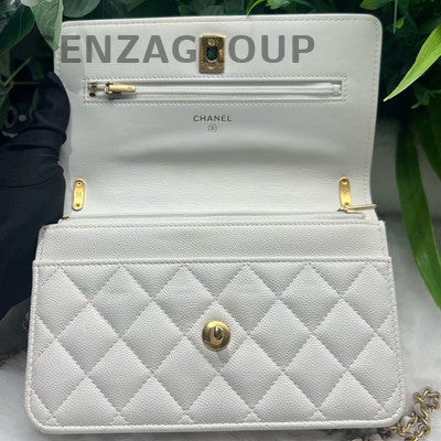 Chanel WOC 24S Calfskin Gold White Chain Crossbody Shoulder Bag