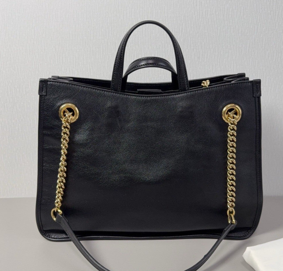Gucci Horsebit1955 MM Tote Top Handle Chain Shoulder Bag Black Gold Used Women