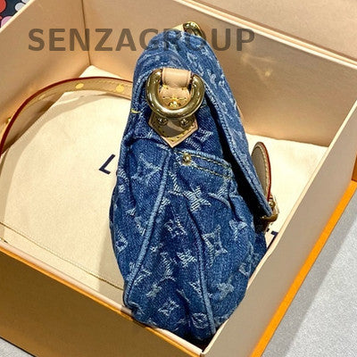 Louis Vuitton Denim Pochette Hobo Bag Blue Gold Print Women's Classic