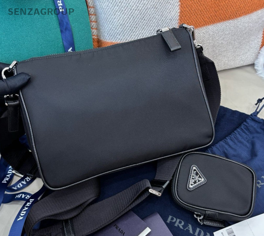 Prada Saffiano Canvas Shoulder Bag Crossbody Black Silver Unisex Adults Classic