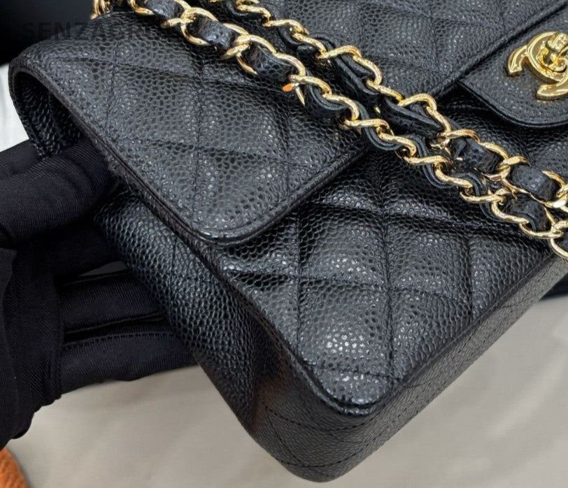 Chanel Classic Flap MM Calfskin Chain Shoulder Bag Black Red Women Designer