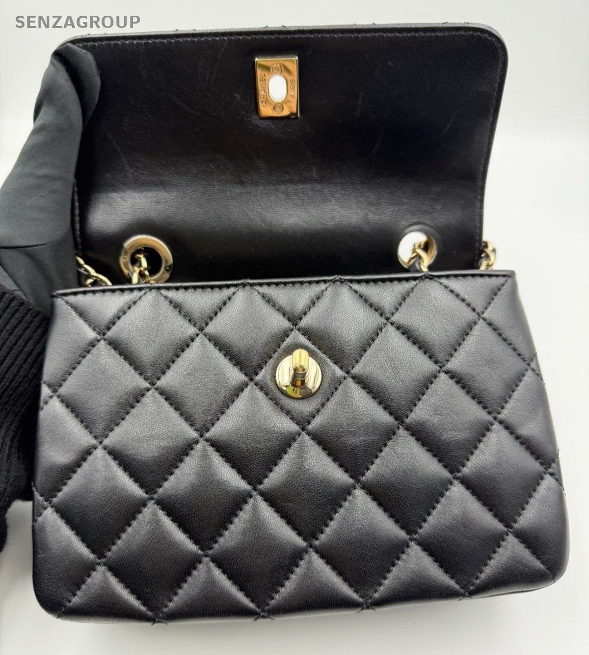 Chanel Trendy CC Lambskin Mini Top Handle Shoulder Crossbody Black Gold Women