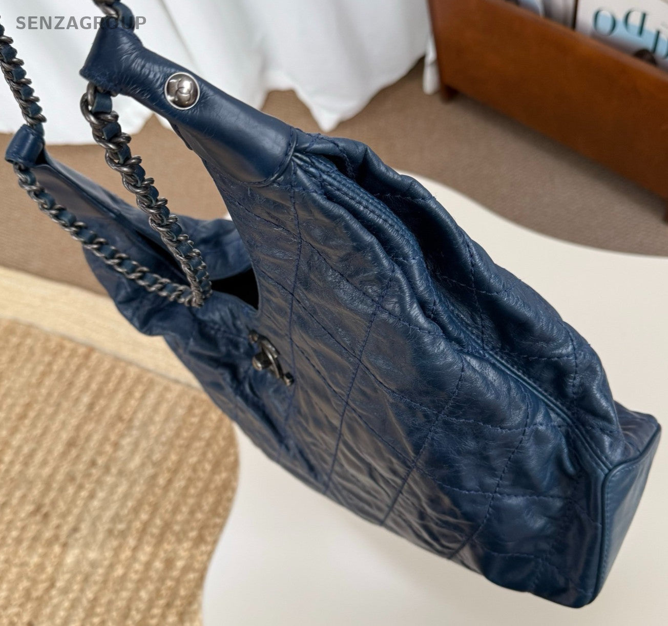 Chanel Diamond Hobo Chain Shoulder Bag Blue Silver Women Classic