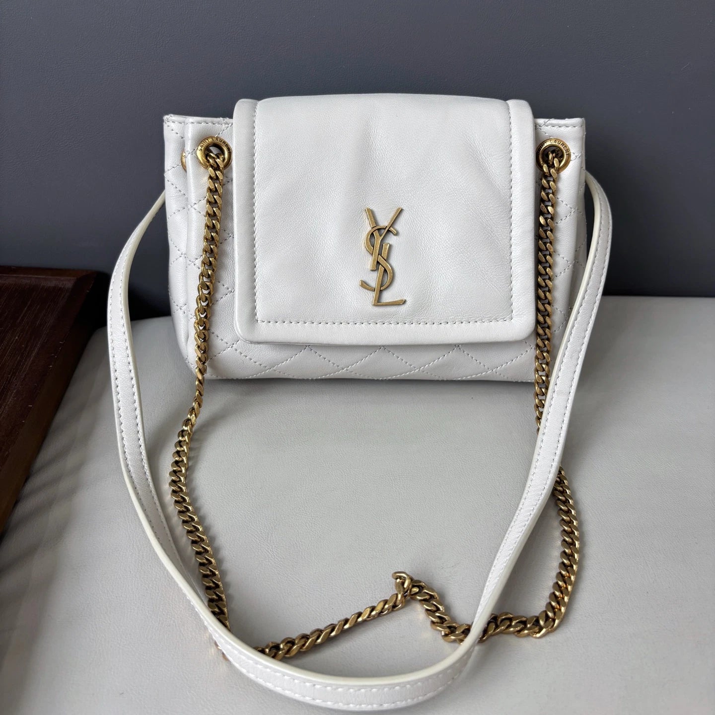 Authentic Saint Laurent Nolita Mini Gold Chain White Shoulder Bag Crossbody