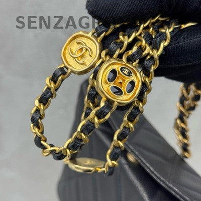 Chanel 24A Black Gold Badge Chain Shoulder Crossbody Bag Quilted Classic