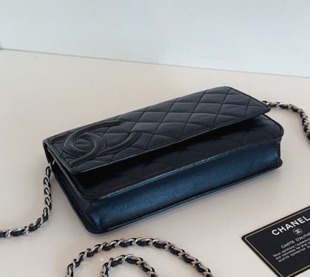 Chanel Cambon WOC Calfskin Chain Shoulder Bag Crossbody Black Silver Women