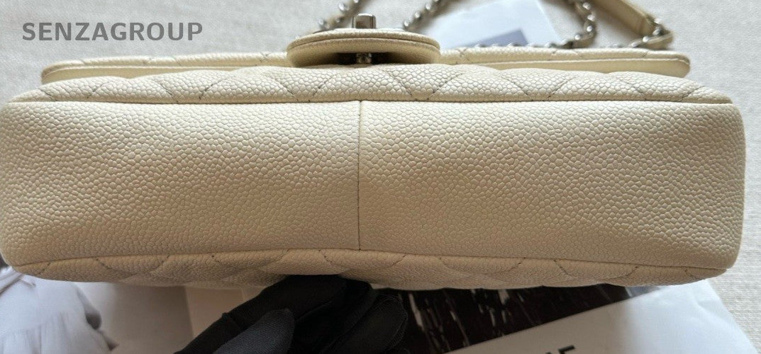 Chanel Classic Flap Calfskin Chain Shoulder Bag Ivory Silver Women Designer