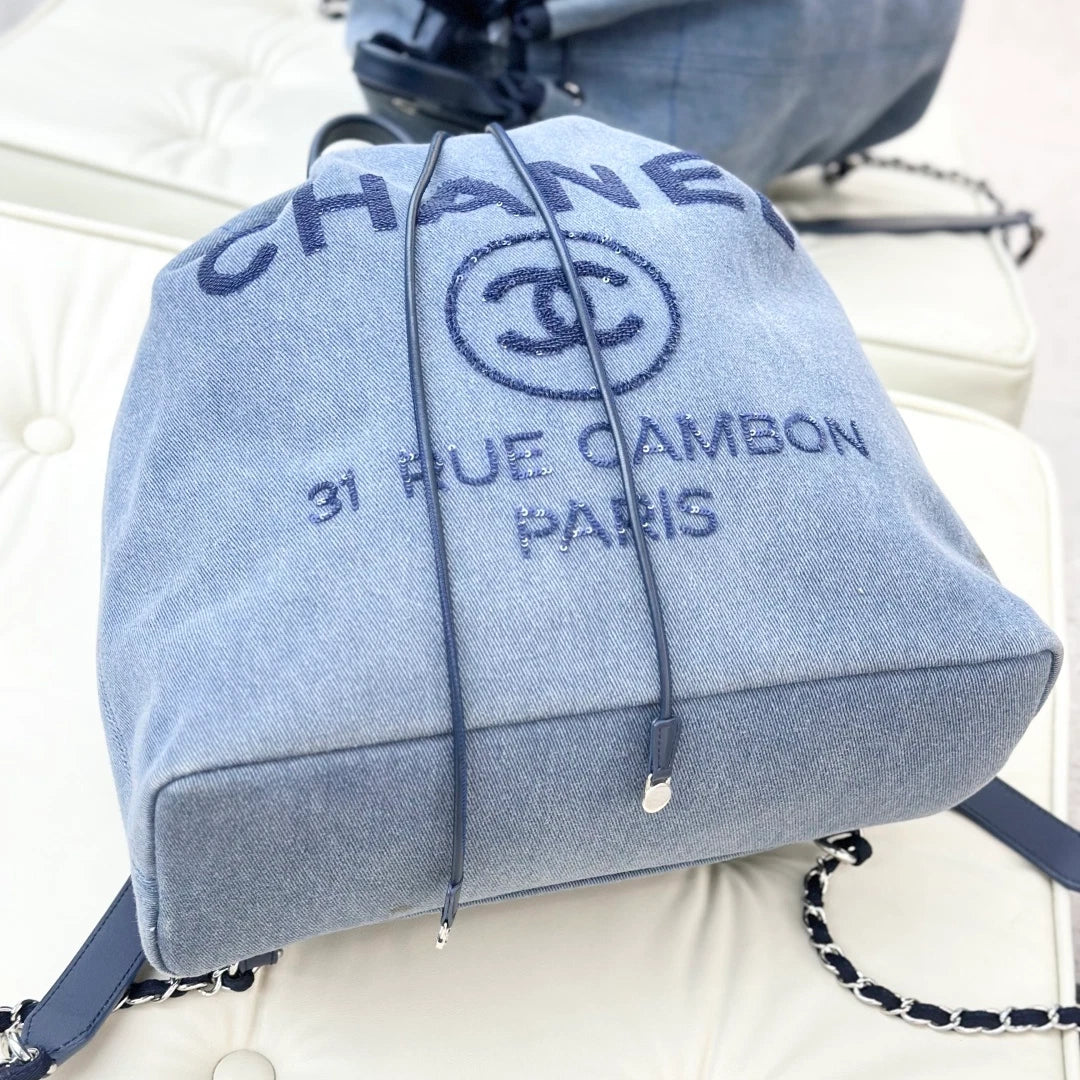 Chanel Denim GM Backpack Navy Blue Silver Used Women Classic