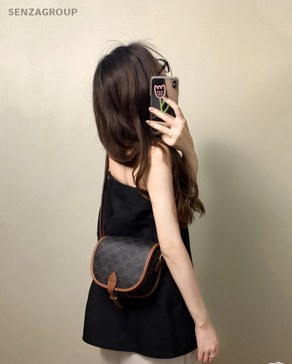 Celine Triomphe Canvas Calfskin Saddle Shoulder Bag Brown Almost Brand New