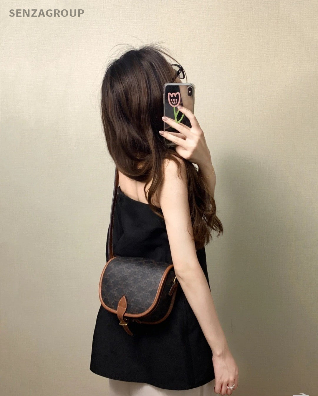 Celine Triomphe Canvas Calfskin Saddle Shoulder Bag Brown Almost Brand New