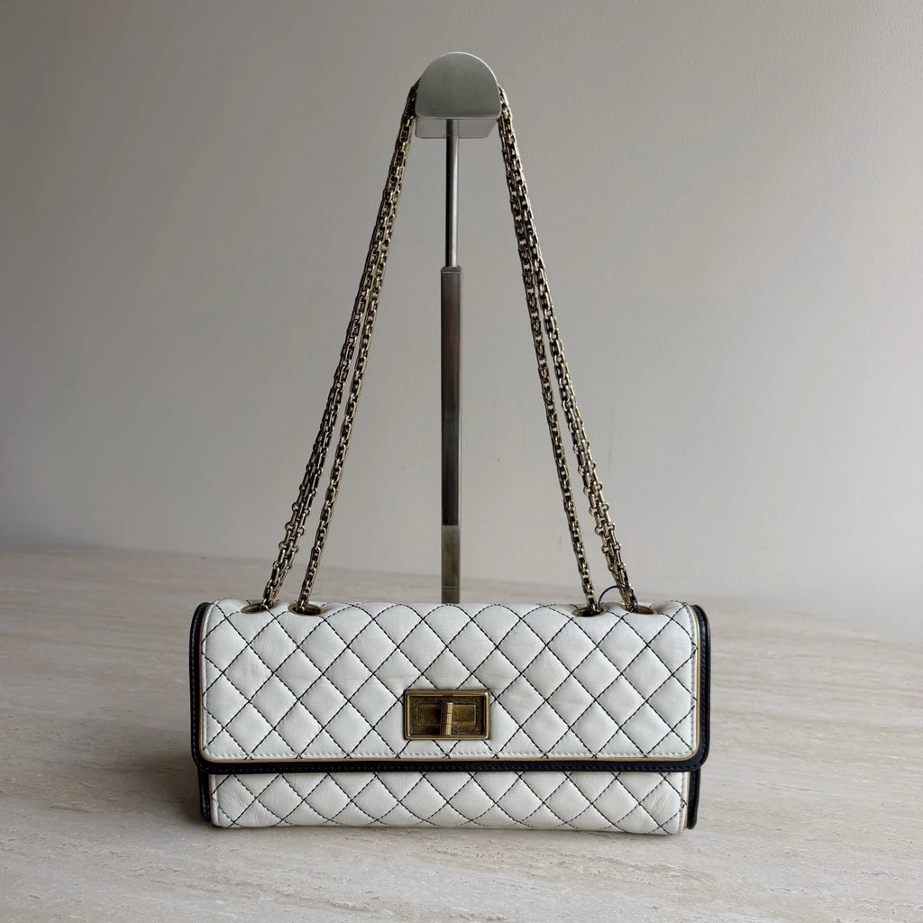 Chanel 2.55 Diamond Baguette Gold Chain Shoulder Bag in White Leather