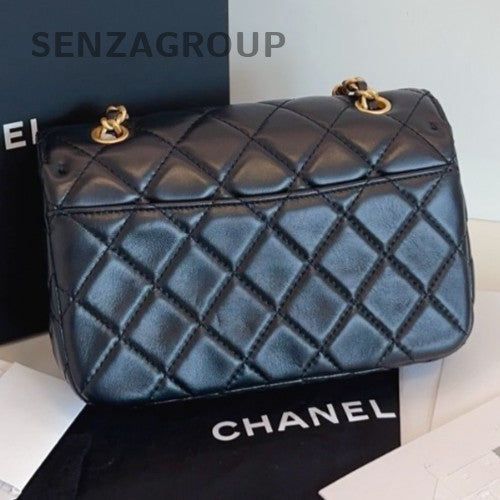 Chanel 24B Diamond Chain Shoulder Bag Crossbody Black Gold Women Classic