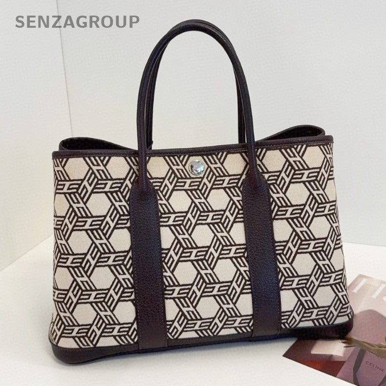 Hermes Garden Party Canvas Top Handle Bag Black White Silver Women Classic