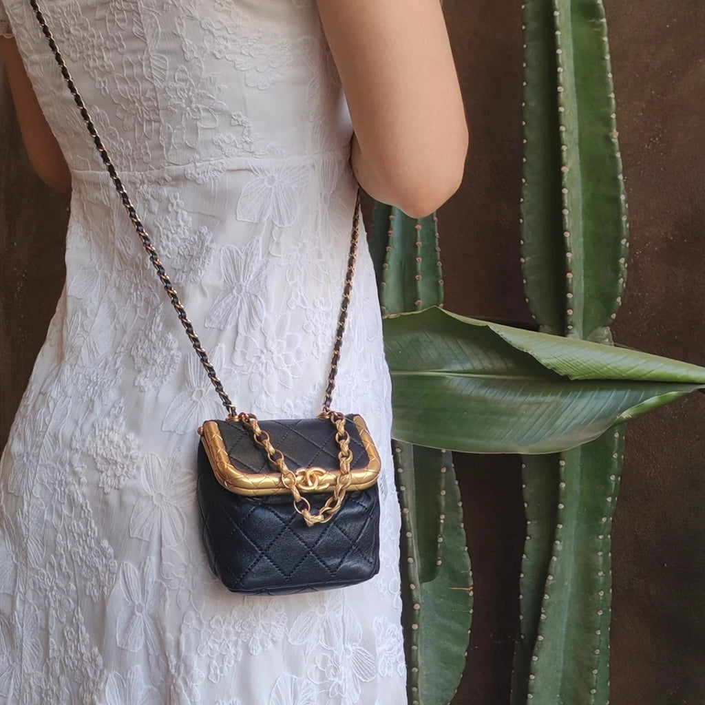 Chanel Kiss Lock Mini Chain Top Handle Crossbody Black Gold Women Classic