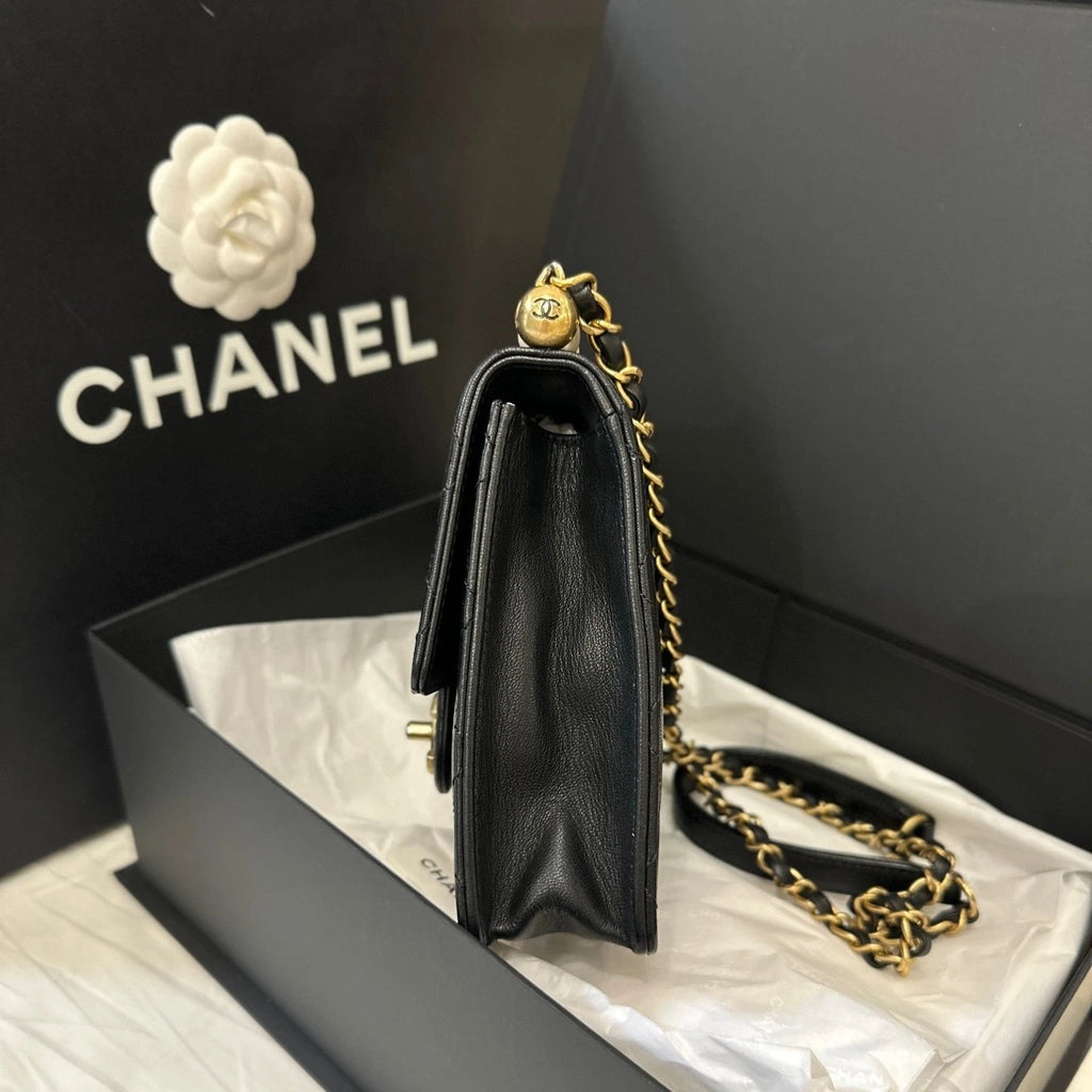 CHANEL Black Gold Lambskin Gold Buckle Pearl Crossbody Bag Women