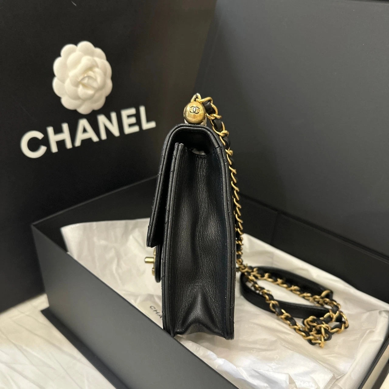 CHANEL Black Gold Lambskin Gold Buckle Pearl Crossbody Bag Women