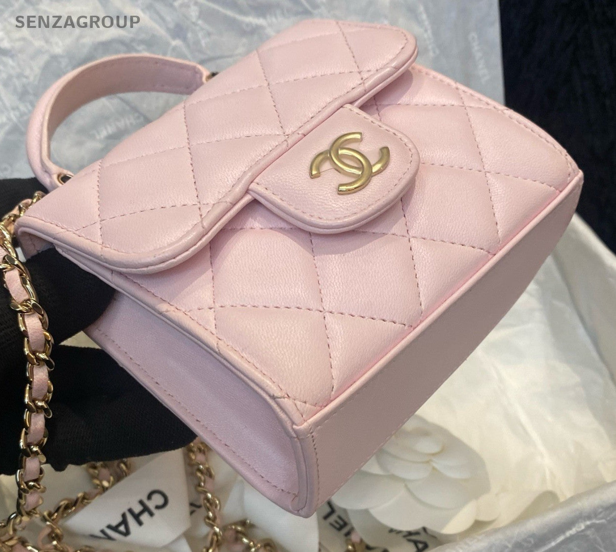 Chanel Diamond Mini Top Handle Bag Chain Crossbody Pink Gold Women Fashion