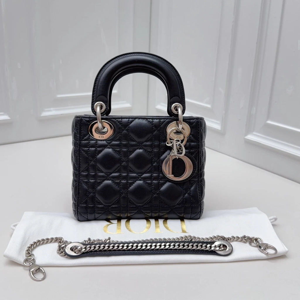 Christian Dior Lady Dior Lambskin Black Handbag Chain Crossbody Silver Hardware