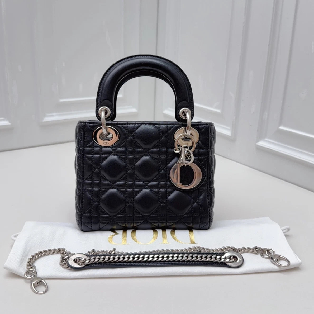 Christian Dior Lady Dior Lambskin Black Handbag Chain Crossbody Silver Hardware