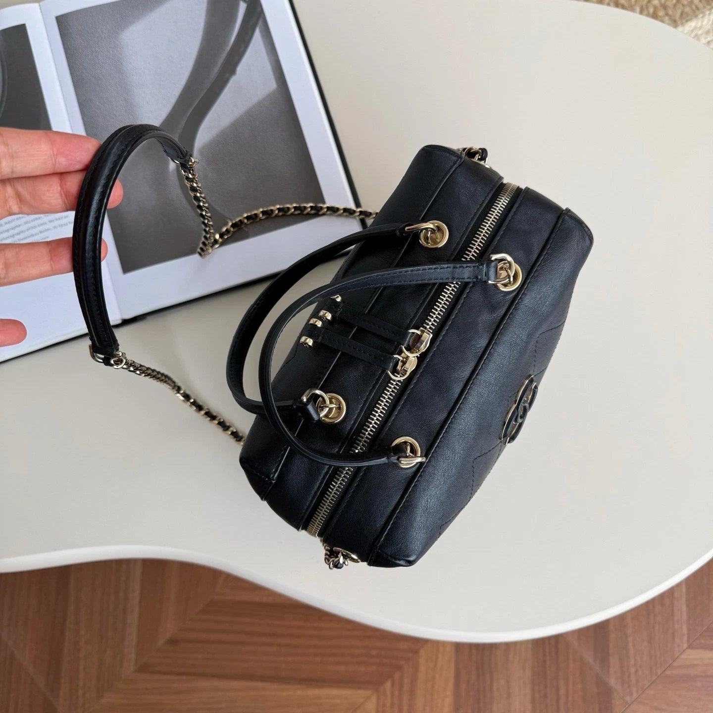 Chanel Bowling Calfskin Top Handle Chain Crossbody Black Gold Classic Women
