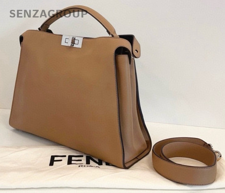 Fendi Peekaboo Essentially Full Leather Tote Top Handle Shoulder Bag Grey Women