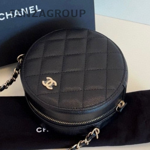 Chanel Calfskin Chain Round Bag Crossbody Diamond Black Gold Women Classic