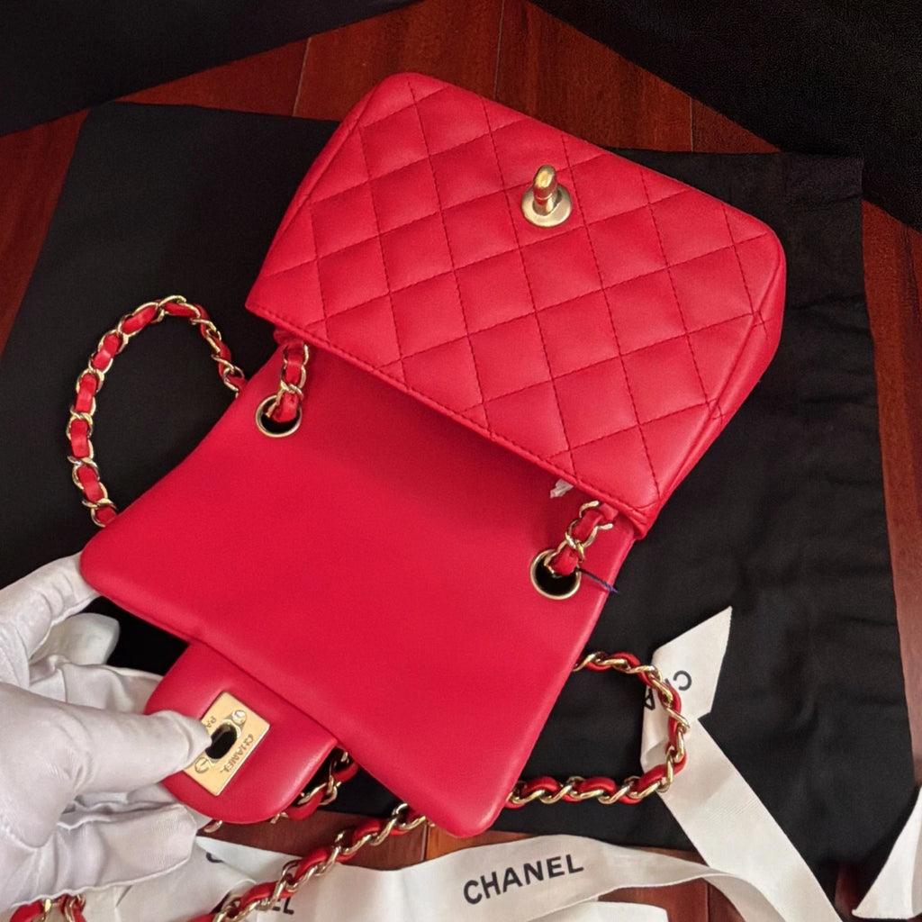 Chanel Classic Flap Lambskin Chain Crossbody Red Gold Women Diamond