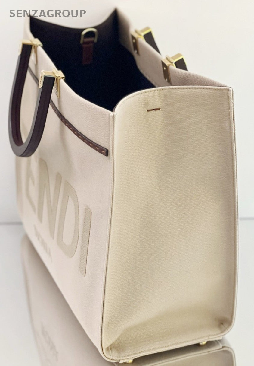 FENDI Sunshine MM Canvas Top Handle Shoulder Crossbody Tote Beige Women