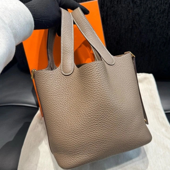 Hermes Bucket 18 Gray Top Handle Bag Gold Hardware Women Classic D