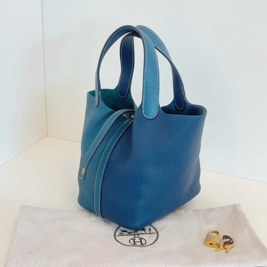 Hermes Picotin18 Top Handle Shoulder Bag Blue Gold Women Fashion