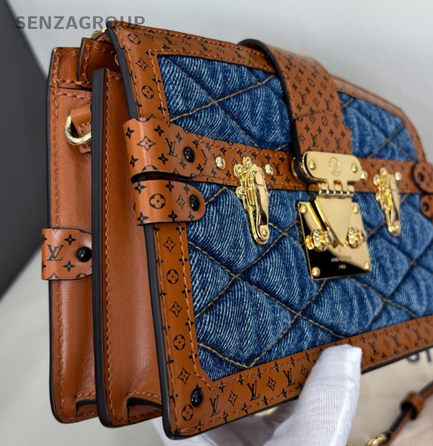 Louis Vuitton Trunk Clutch Chain Shoulder Bag Blue Gold Women Classic Fashion