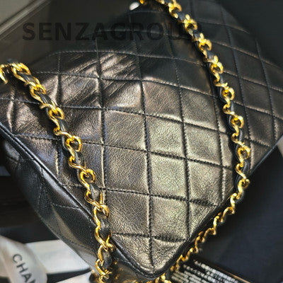Chanel Vintage Black Gold CF Chain Shoulder Bag Quilted Pattern
