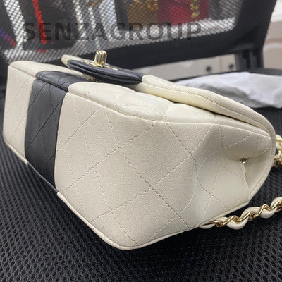 Chanel Classic Flap Mini White & Black Gold Hardware Lambskin Chain Bag