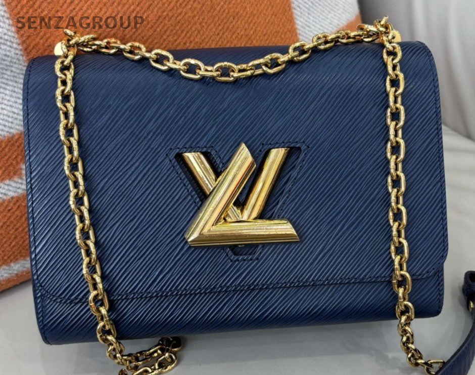 Louis Vuitton Epi Leather MM Chain Shoulder Bag Blue Gold Women Designer