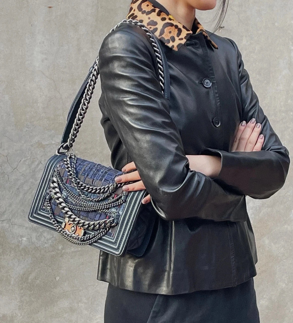 Chanel Leboy Chain Shoulder Bag Crossbody Blue Silver Women Classic Fashion