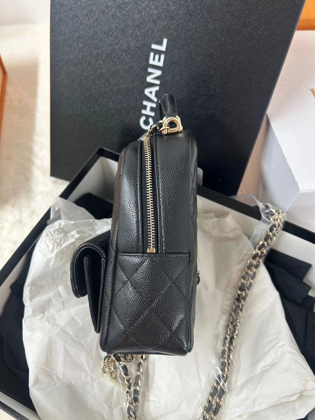 CHANEL Mini Black Gold Leather Backpack For Women