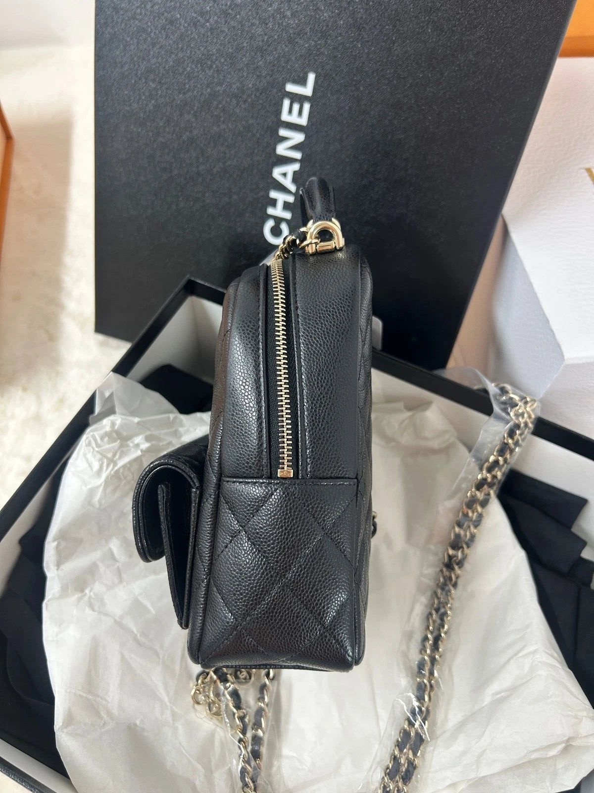 CHANEL Mini Black Gold Leather Backpack For Women