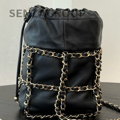 Chanel Black Silver Lambskin Drawstring Bucket Bag Chain Crossbody Women