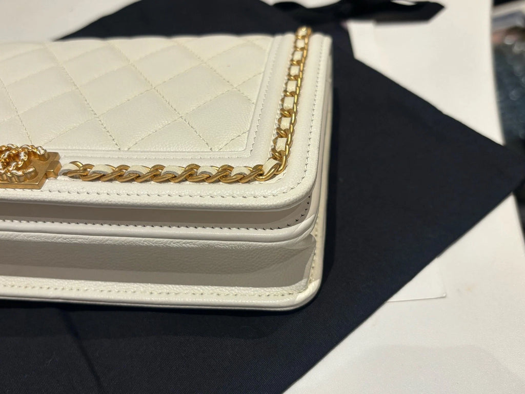 Chanel Leboy WOC Chain Shoulder Bag Crossbody White Gold Diamond Women Classic