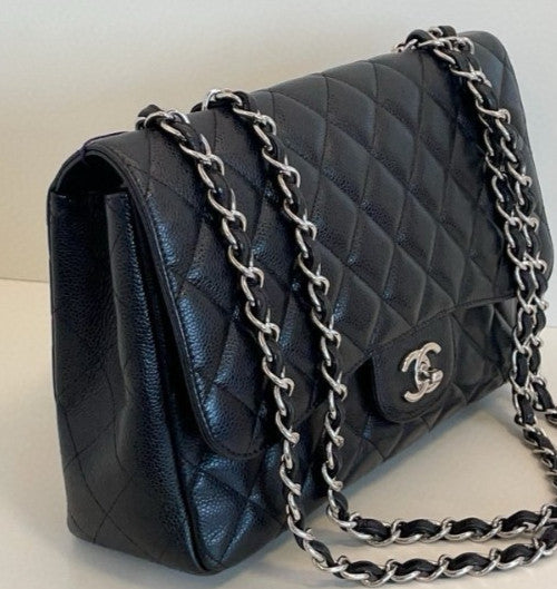 Chanel Classic Flap Jumbo Chain Shoulder Bag Black Silver Women Diamond Designer