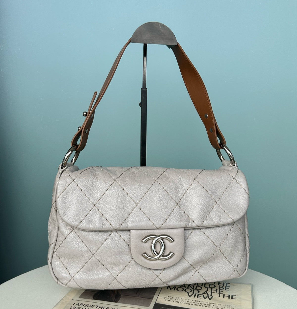 Chanel Diamond Calfskin Top Handle Shoulder Bag White Silver Women Classic