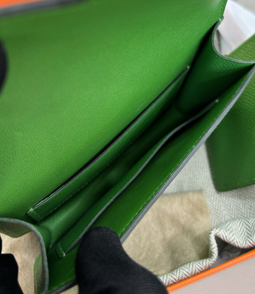Hermes Constance Slim Epsom Leather Clutch Green Silver Women