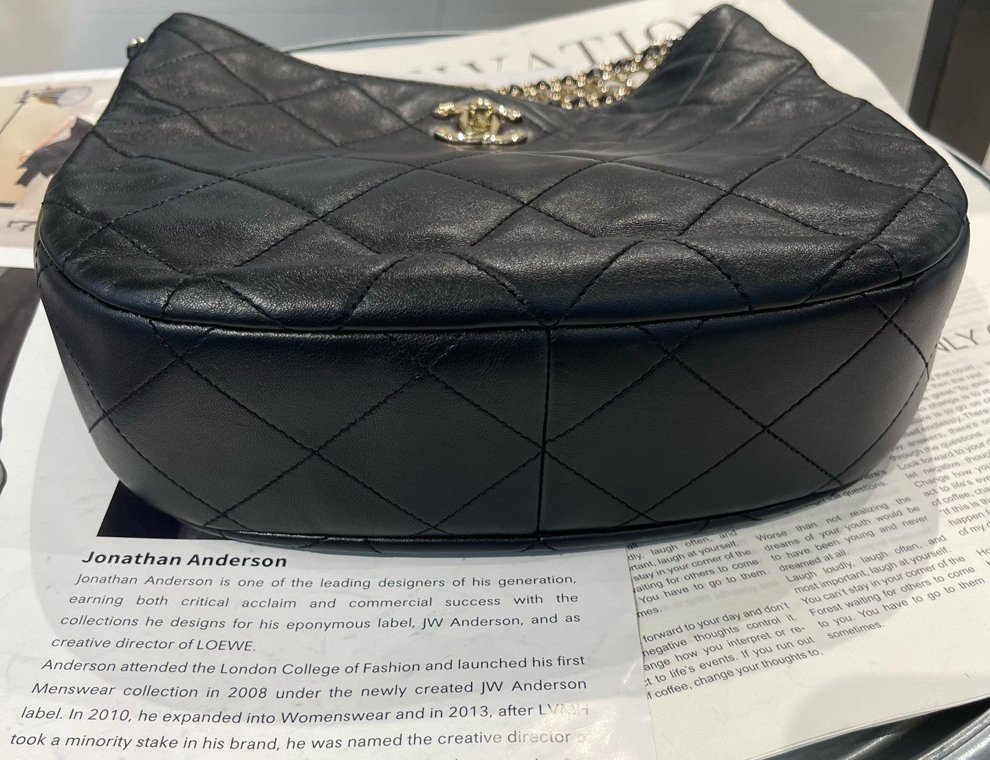 Chanel Hobo Diamond Lambskin Chain Top Handle Shoulder Bag Black Gold Women
