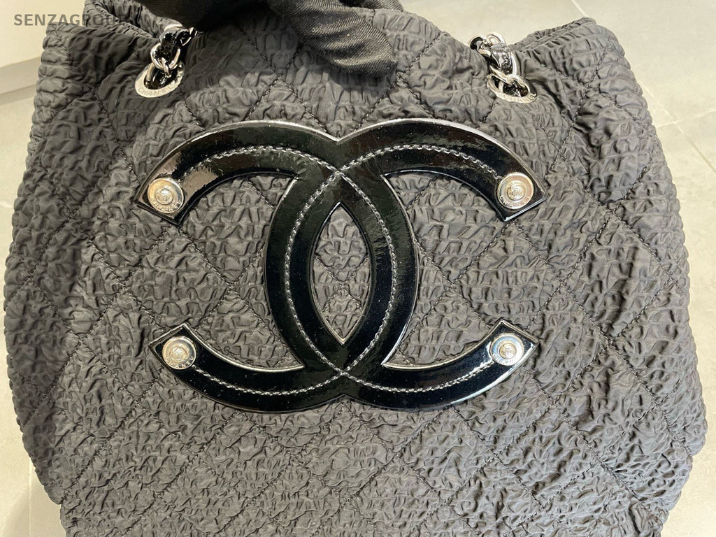 Chanel Nylon Tote Chain Shoulder Bag Diamond Black Silver Used Women Classic