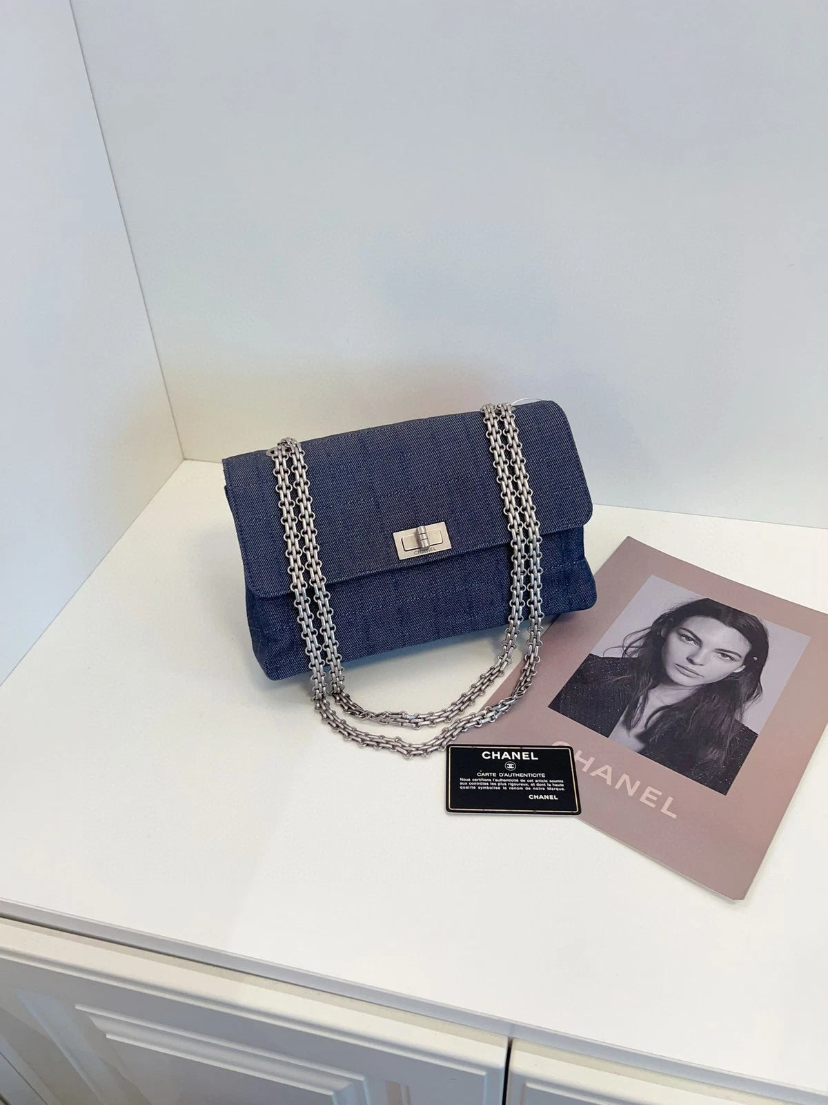 CHANEL Grey-blue Denim 2.55 Flap Chain Shoulder Bag For Women
