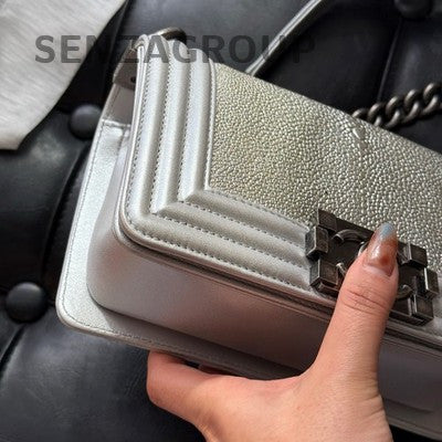 Chanel Le Boy Silver Chain Shoulder Crossbody Bag - Women's Fashion