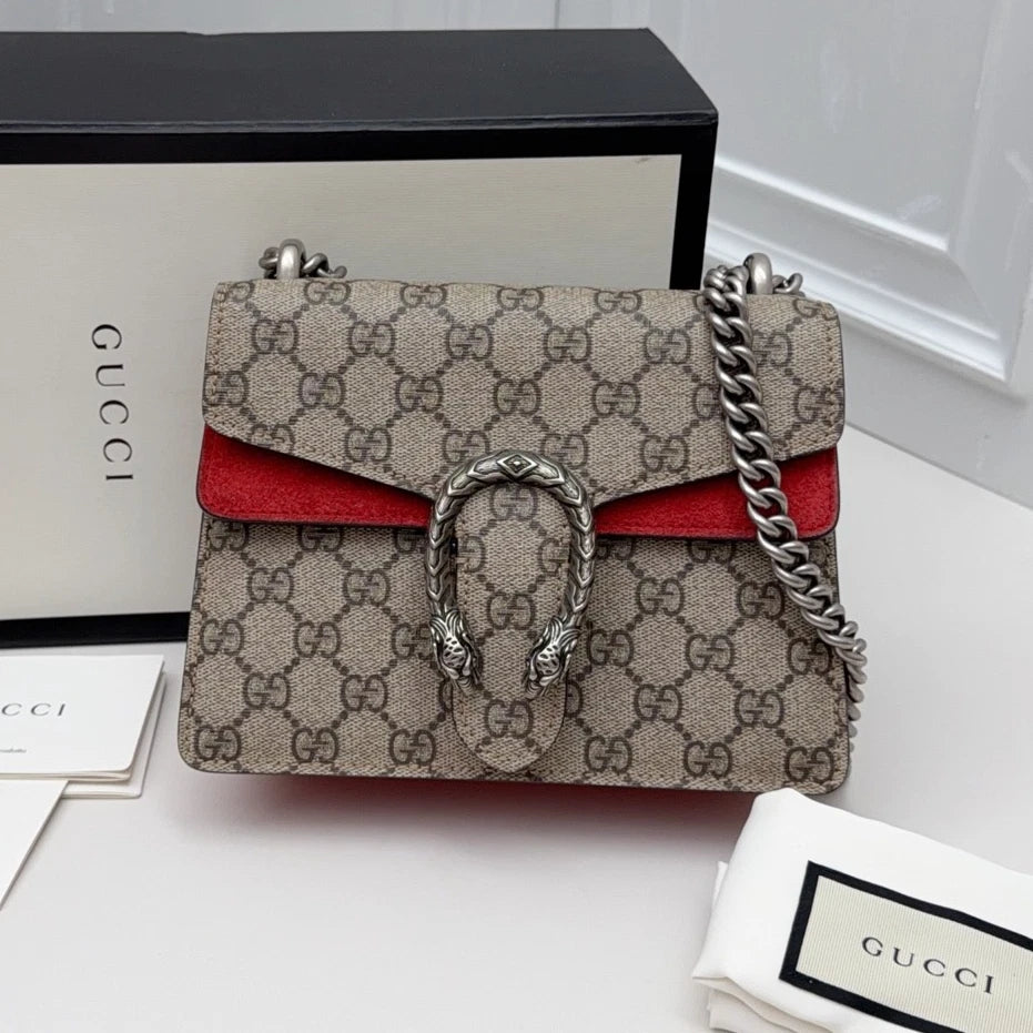 Gucci Dionysus PM Chain Shoulder Bag Crossbody Brown Silver Women Classic