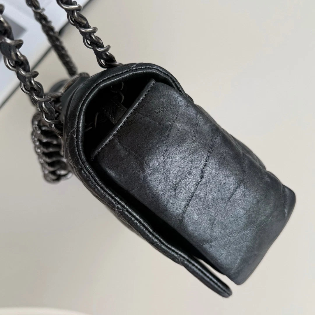 Chanel Calfskin Diamond Silver Chain Shoulder Bag Crossbody Gray